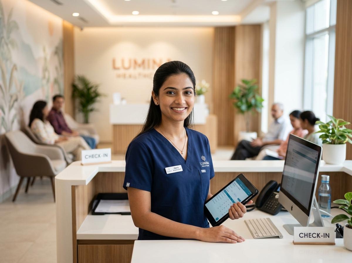 Professional Indian clinic receptionist smiling warmly at reception desk with tablet